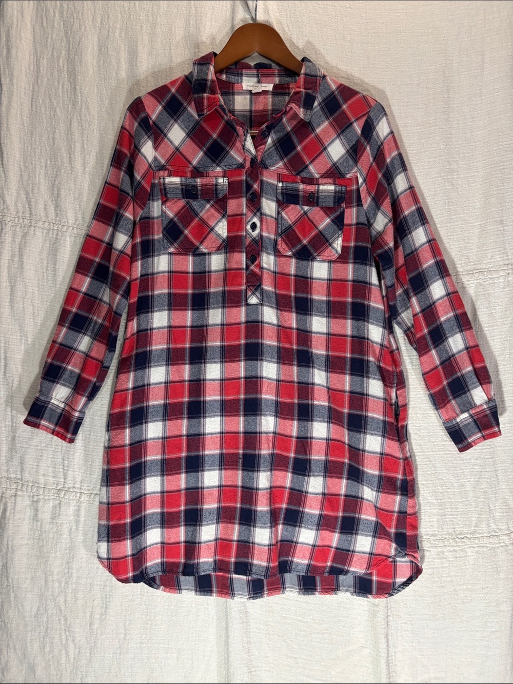 beachlunchlounge Red Navy White Plaid Henley Tunic Dress Large EUC Flannel